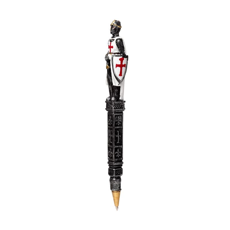Decorative pen with a knight design and shield emblem on a white background
