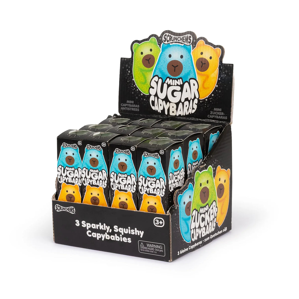 Display box of Mini Sugar Capybaras toys with colorful capybara design on a white background