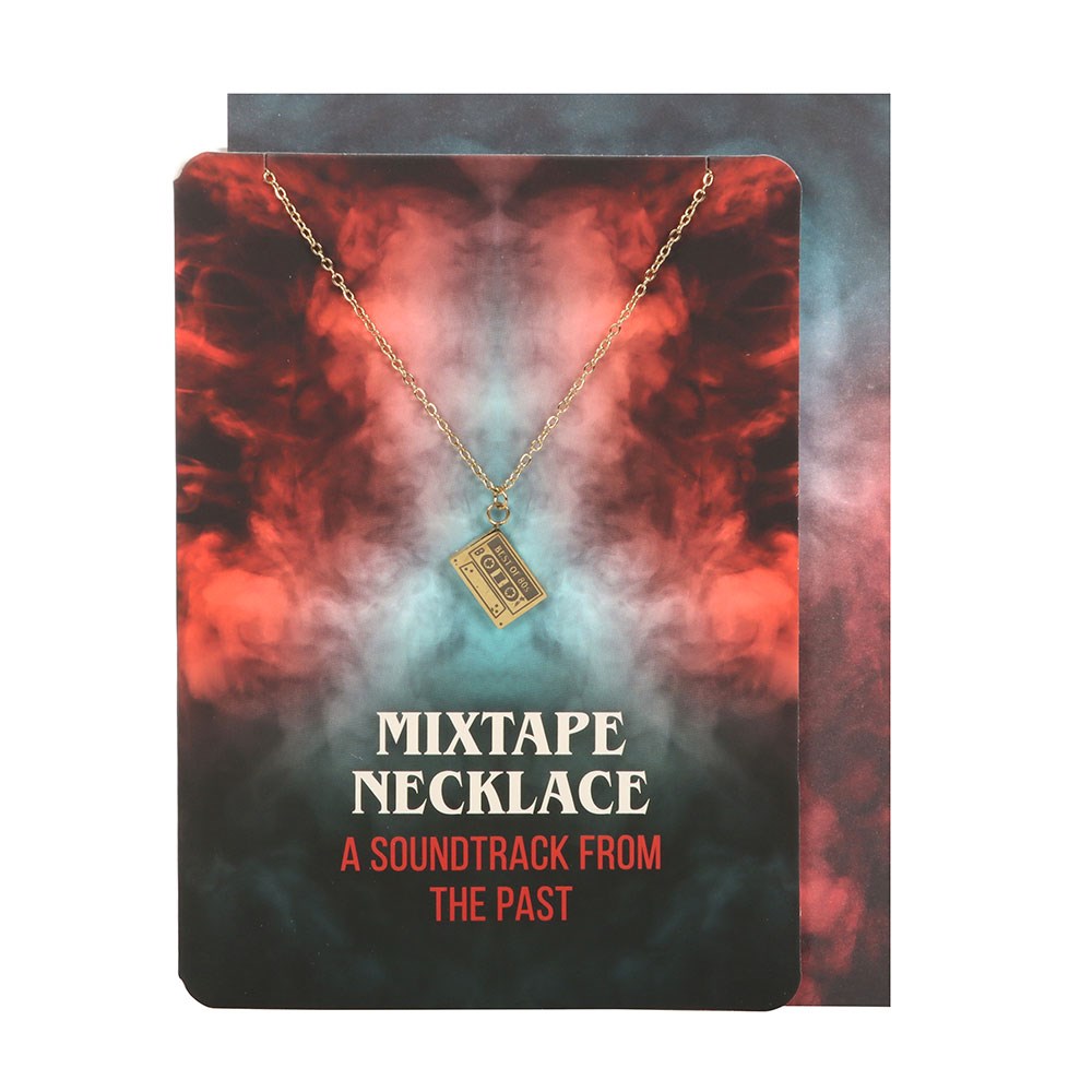Gold coloured necklace with pendant on a colourful card with text 'Mixtape Necklace' and 'A Soundtrack from the Past'.