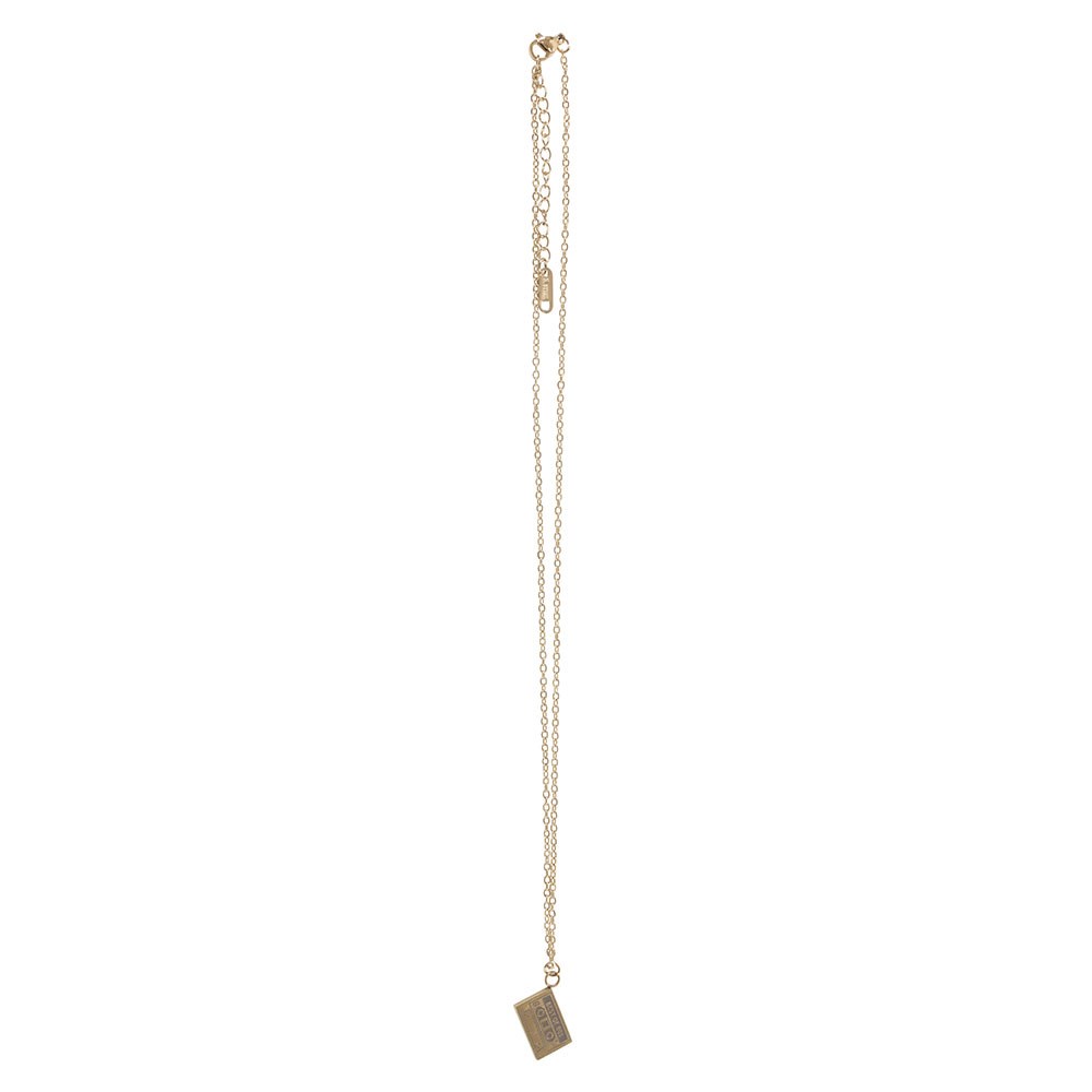 Gold coloured necklace with a rectangle cassette tape pendant on a white background