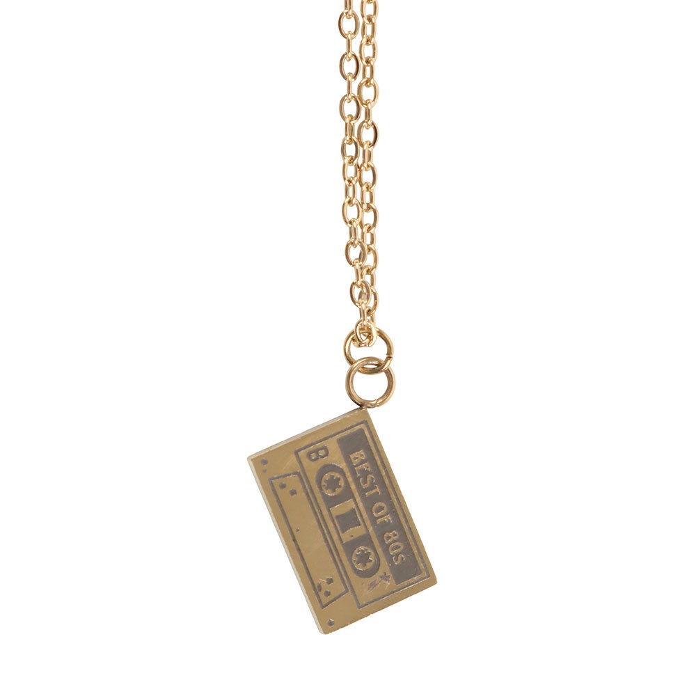 Gold coloured necklace with a cassette tape pendant on a white background