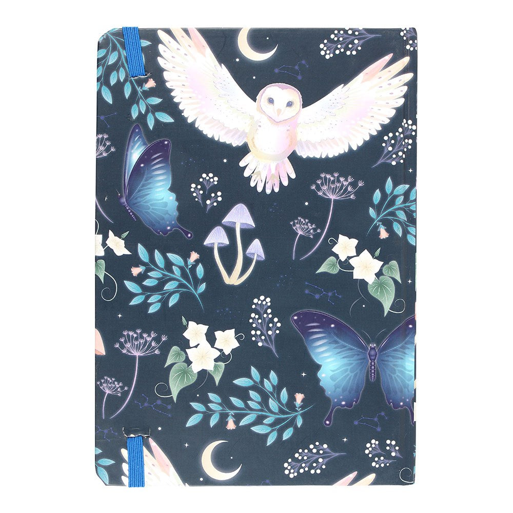 Notebook with owl and butterfly design on a dark blue background