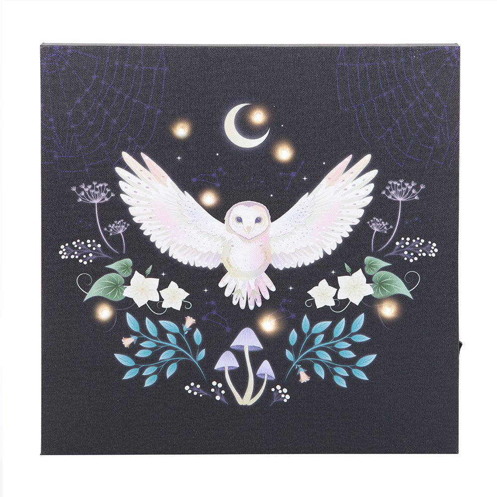 Canvas with a white owl, flowers, and mushrooms on a dark background