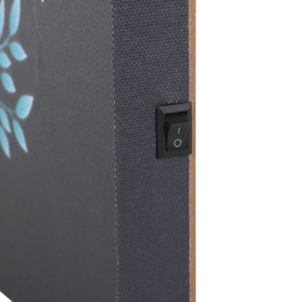 Close-up of a black power switch mounted on a dark textured panel with a light blue leaf motif on the left and a brown edge visible, set against a white background.