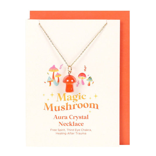 Orange Aura Crystal Mushroom Necklace Greeting Card with orange envelope