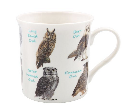 Mug with pictures of a variety of Owl breeds