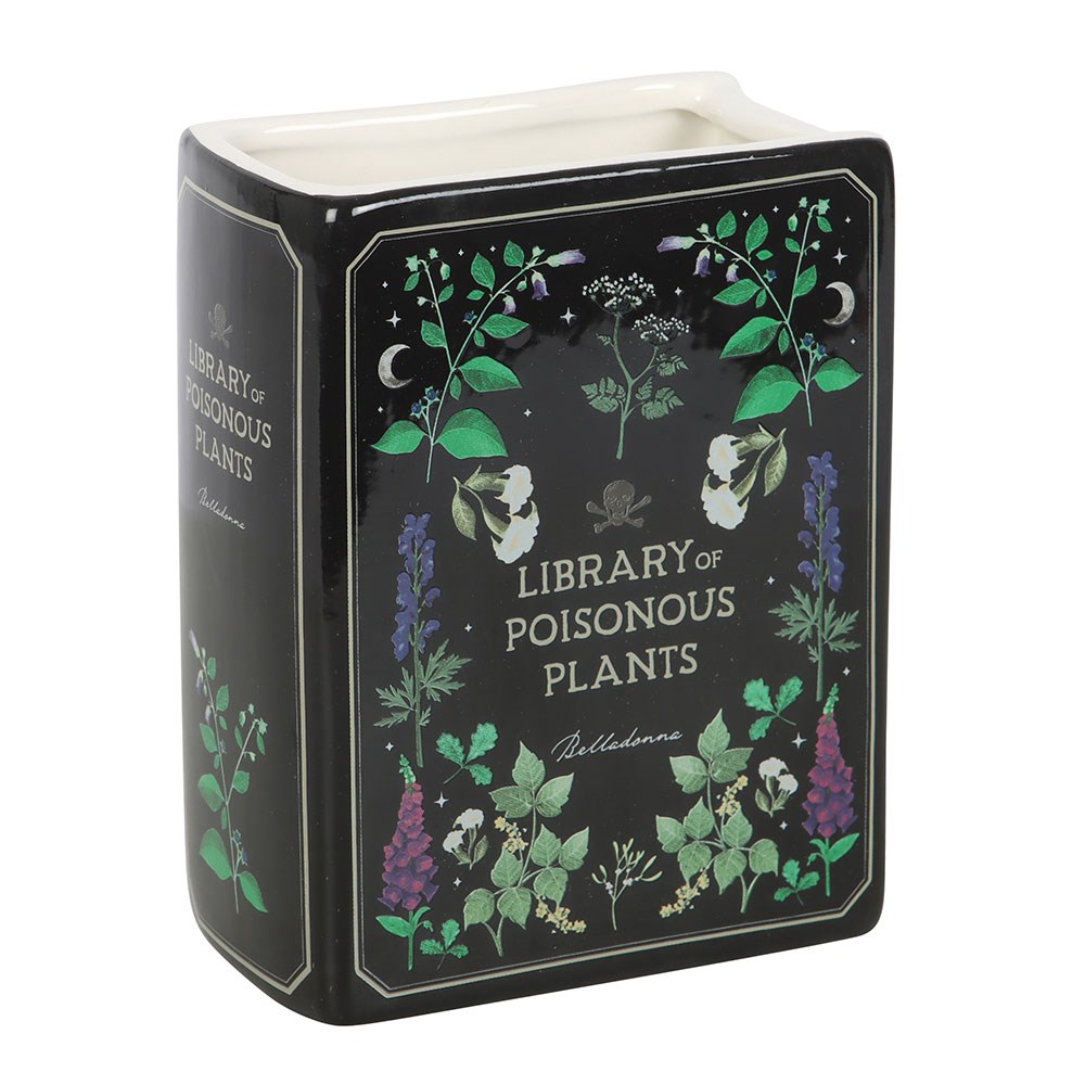 Ceramic vase with 'Library of Poisonous Plants' design on a white background