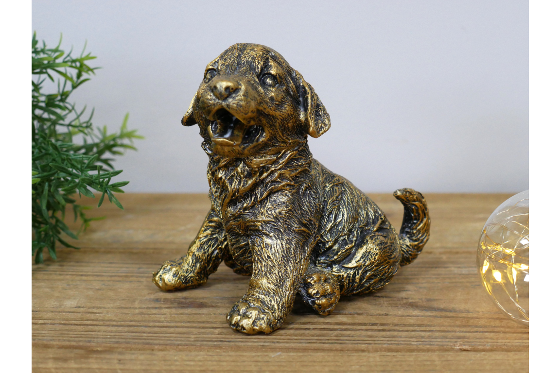 Bronze statue of a dog on a wooden surface with a plant and light bulb in the background