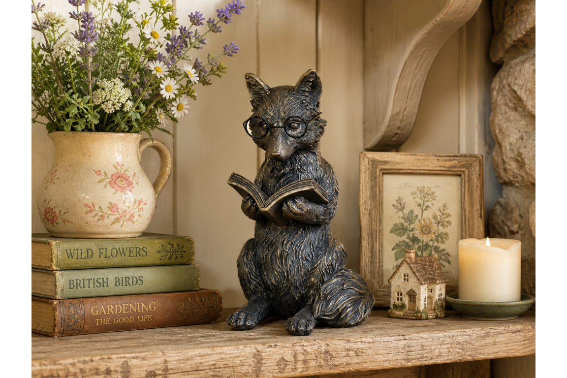 Statue of a fox reading a book on a shelf with books, flowers, and a candle.