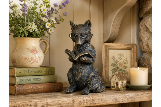 Statue of a fox reading a book on a shelf with books, flowers, and a candle.