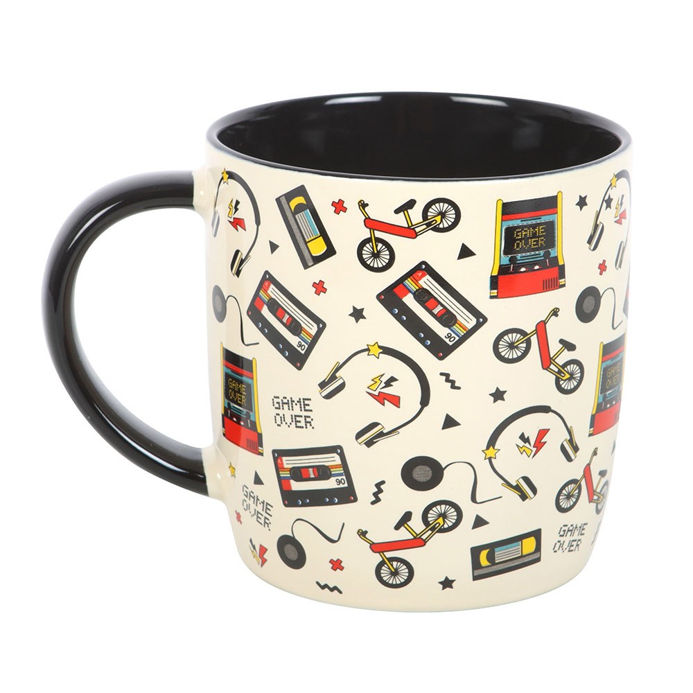 Mug with retro 1980's design elements on a white background