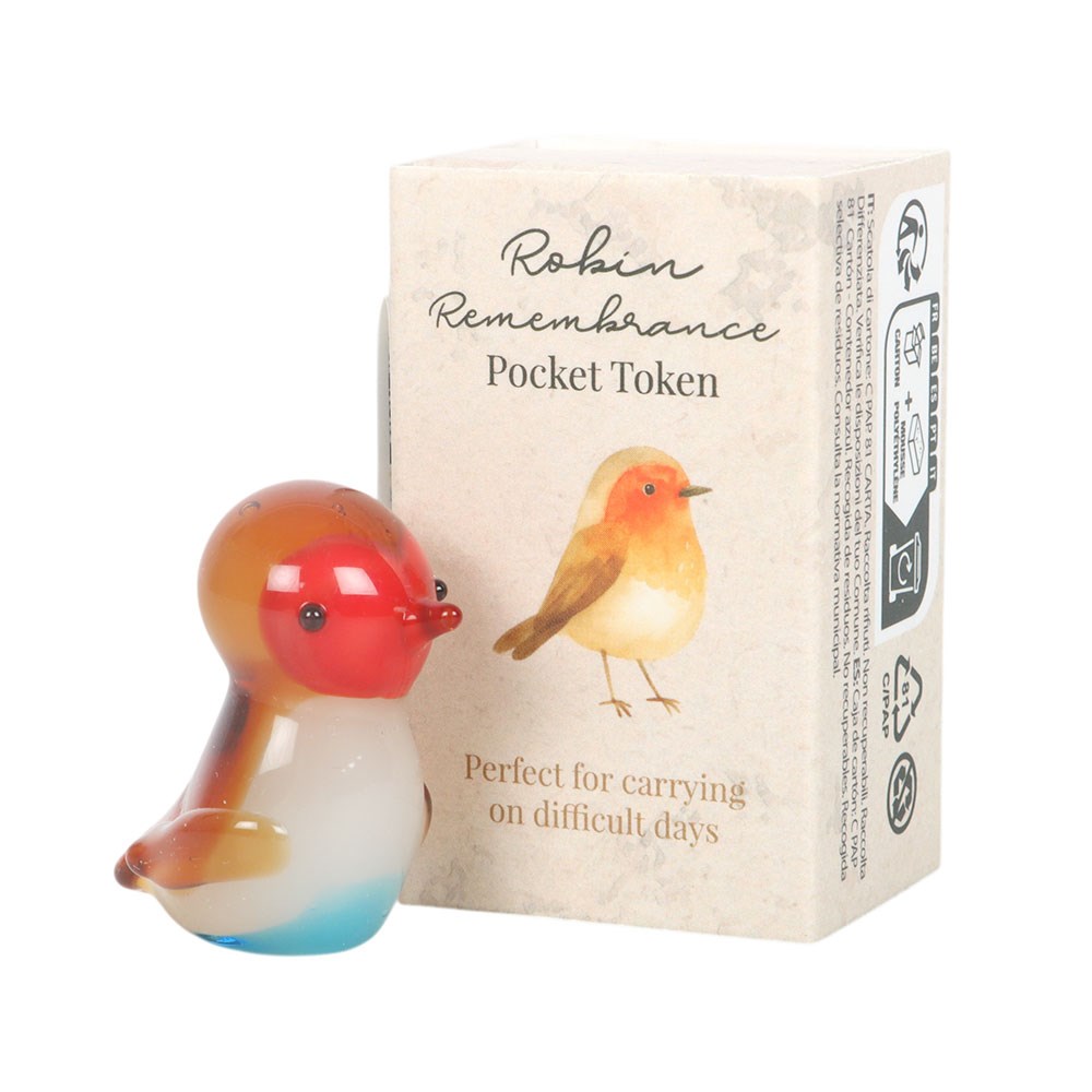 Small glass figurine of a robin with its packaging on a white background
