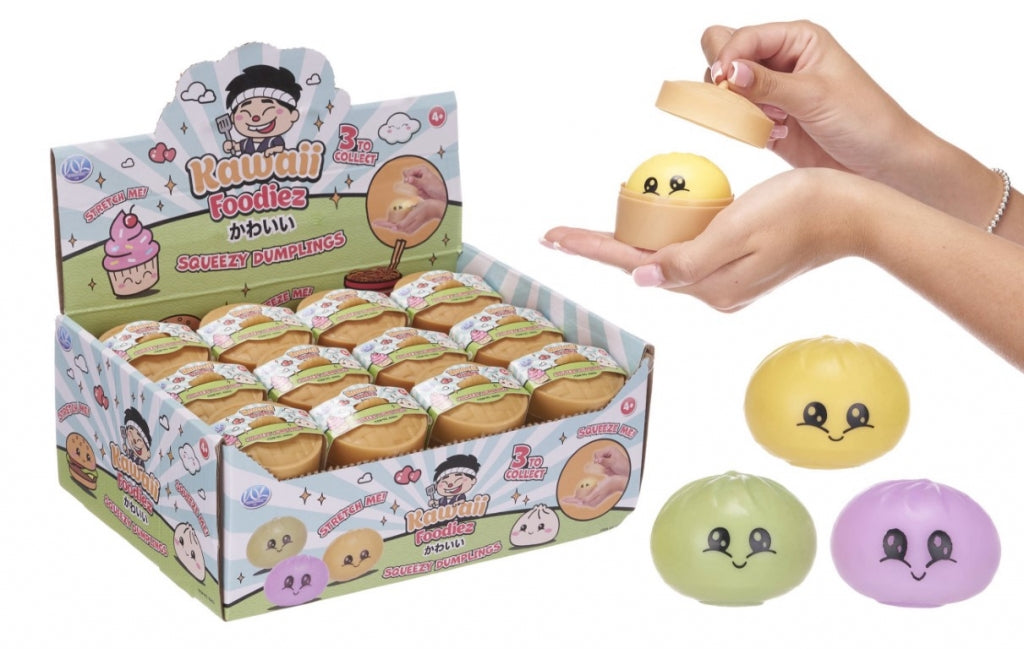 Squishy toys with a box labeled 'Kawaii Foodies' on a white background