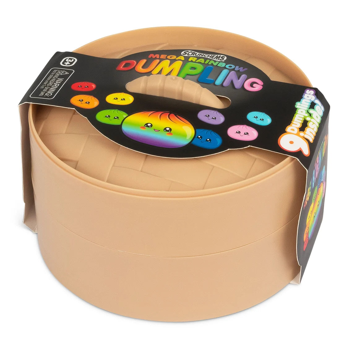 A packaged toy dumpling Scrunchems, featuring a beige plastic cylindrical body with a black handle label that reads 'MEGA RAINBOW DUMPLING' and shows colourful cartoon dumpling graphics.