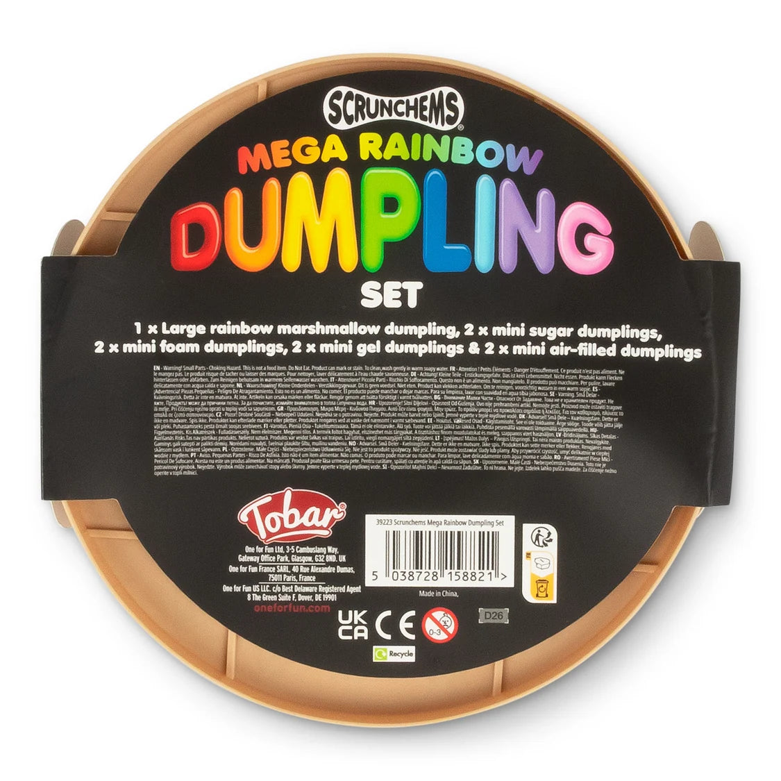 Scrunchems Mega Rainbow Dumpling Set by Tobar, featuring a round plastic tray with a black label and colorful rainbow lettering, photographed on a white background.