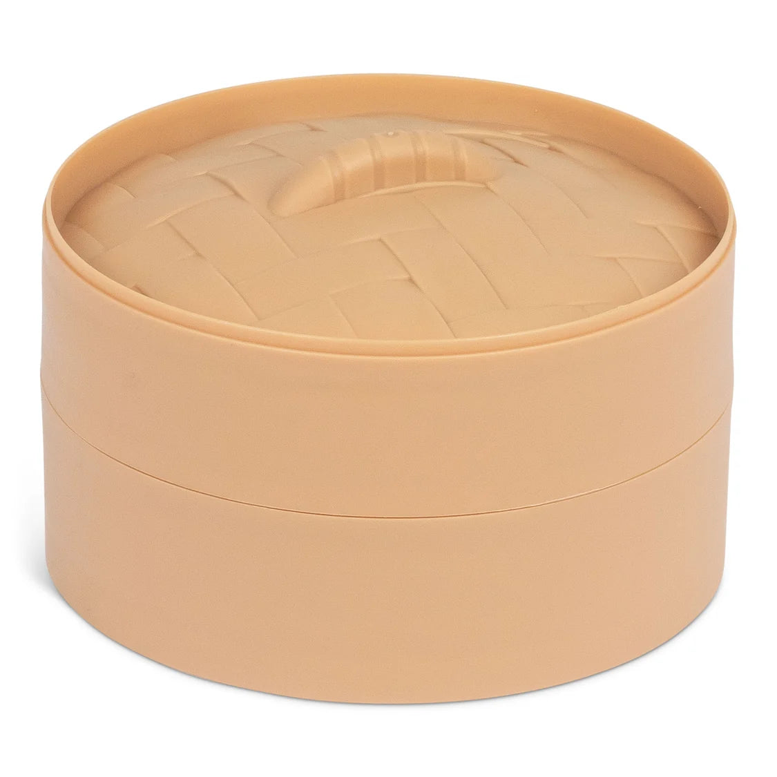 A round, two-tier plastic bamboo steamer with a woven-pattern lid, container for squishy toy dumplings shown on a clean white background.