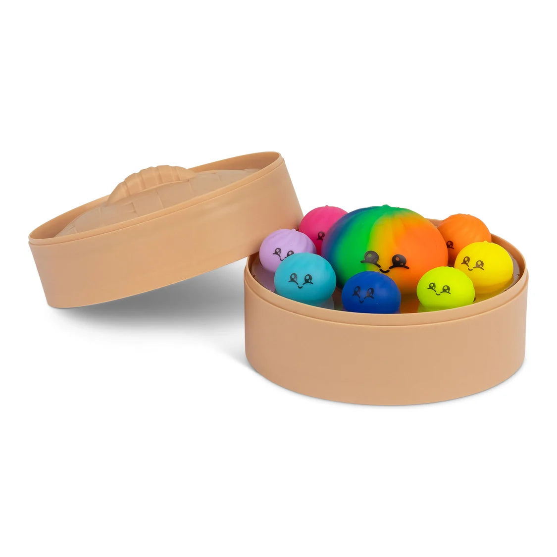 Colourful toy squishy dumplings in a tan container on a white background