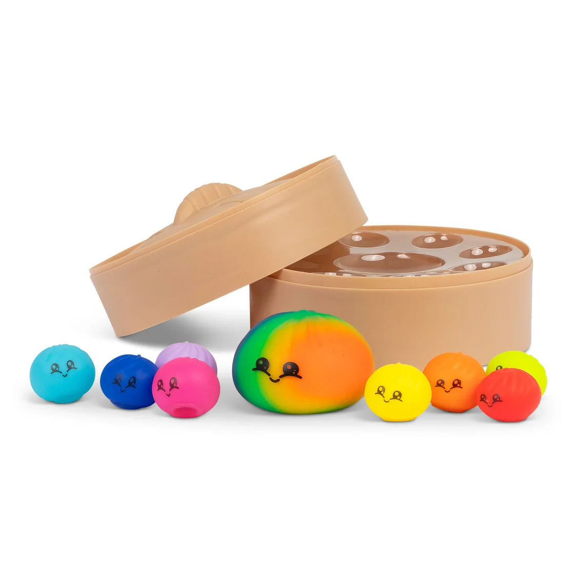 Colourful stress squishy dumplings with smiling faces in front of a plastic container on a white background