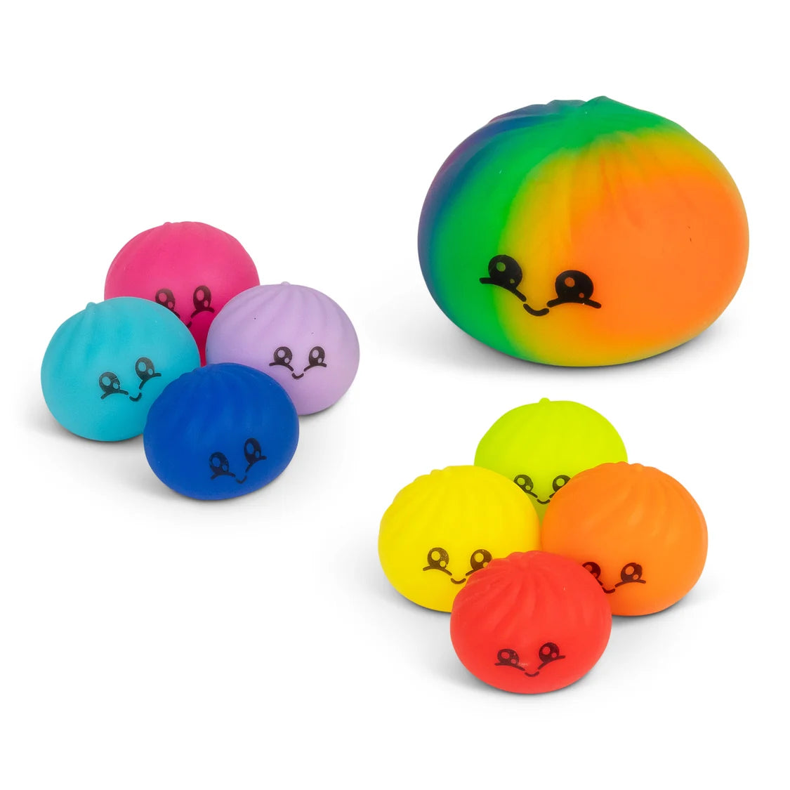 Colourful stress balls dumplings with smiley faces on a white background