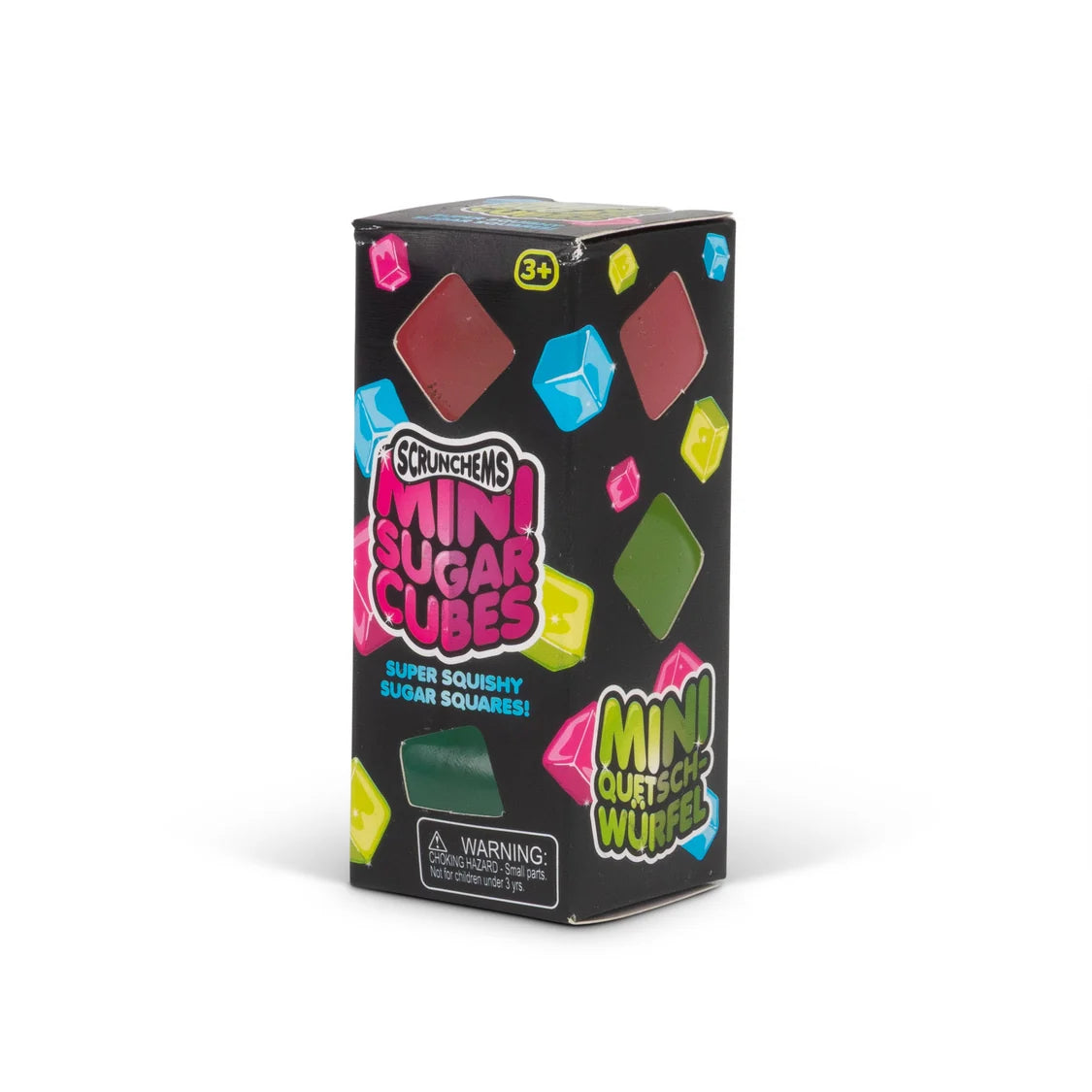 Scrunchems Mini Sugar Cubes toy box, featuring a black background decorated with colourful 3D sugar cube illustrations in pink, blue, green, yellow, and red. The front of the box displays the Scrunchems logo, 'Mini Sugar Cubes' text, and a warning label.