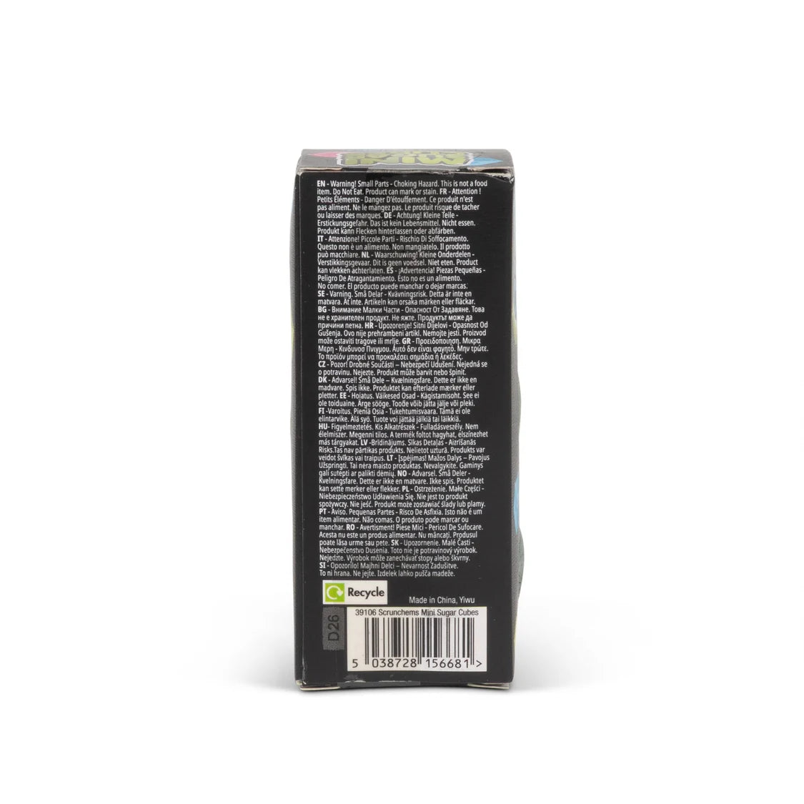 The back of a black product box with dense white text, a barcode, and a small green Recycle logo, photographed on a clean white background.