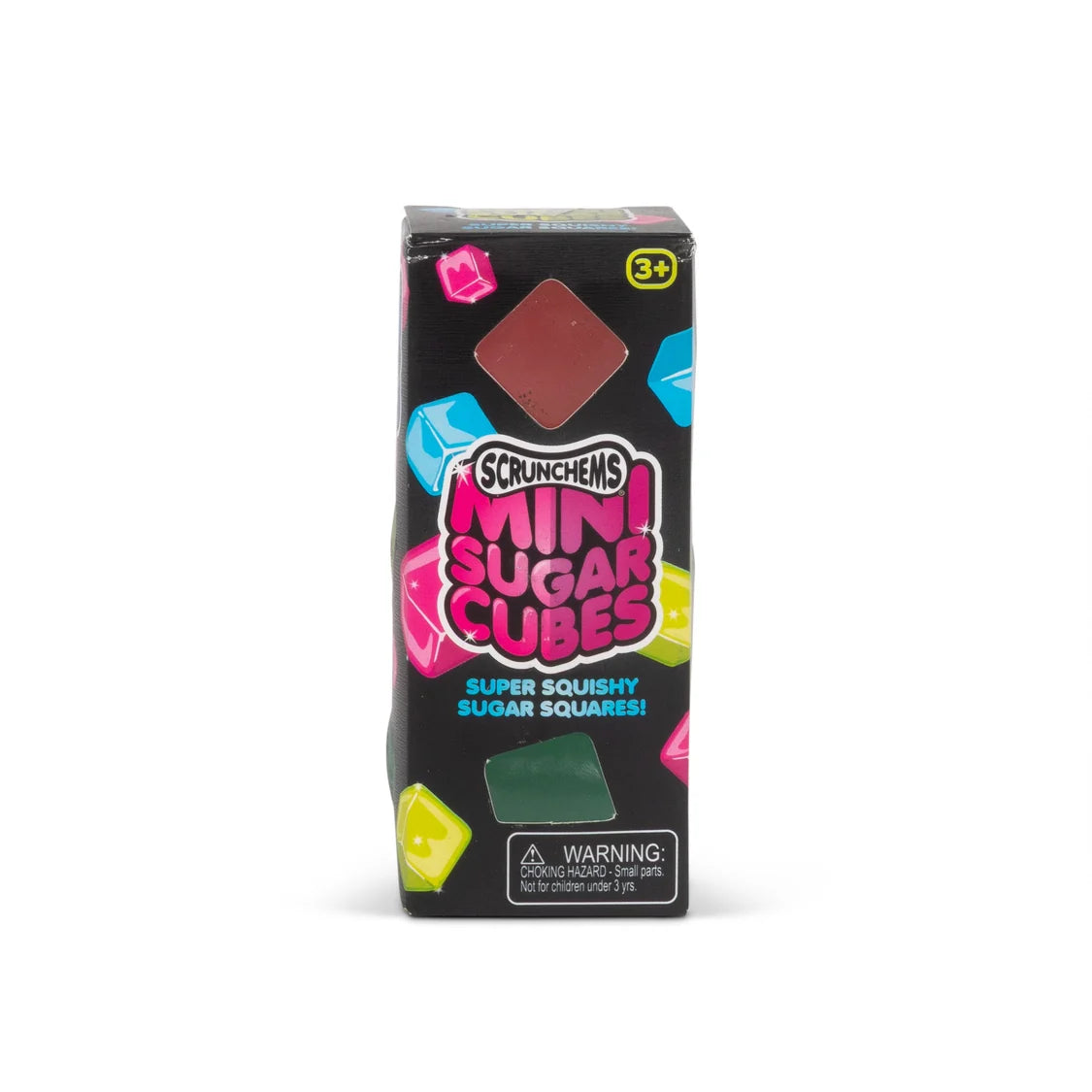 Scrunchems Mini Sugar Cubes toy packaging box, featuring a black background with colorful illustrations of sugar cubes and a window showing a brown cube inside.