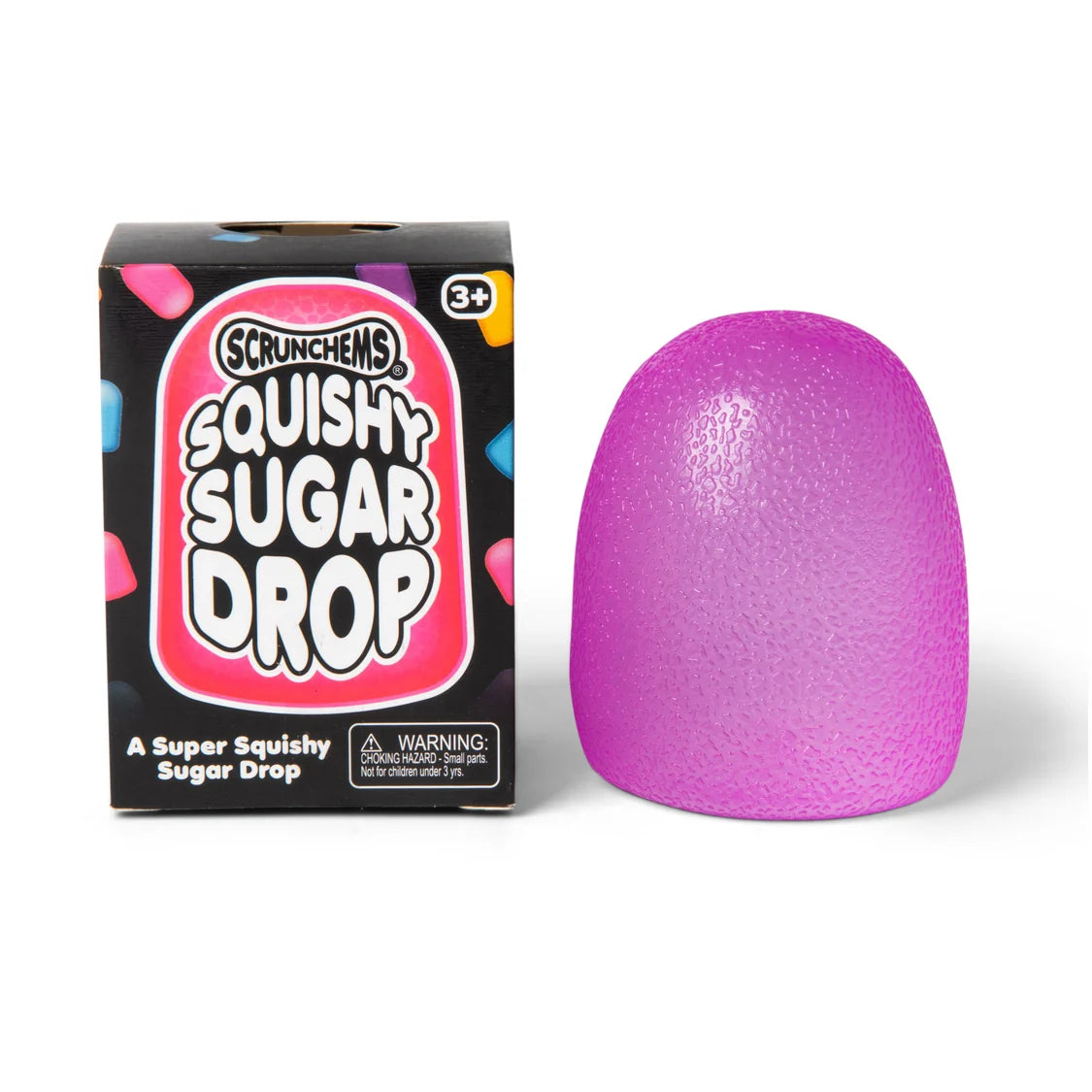 Purple squishy toy next to its packaging on a white background
