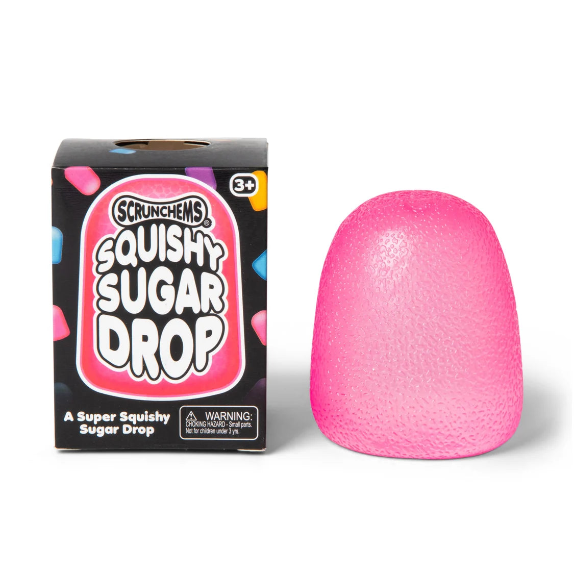 Pink squishy toy next to its packaging on a white background