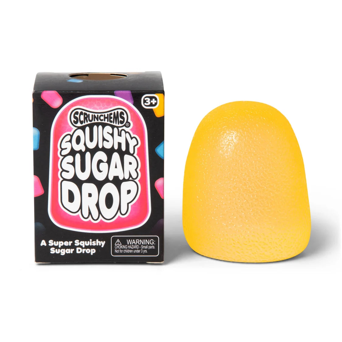 Yellow squishy toy next to its packaging on a white background