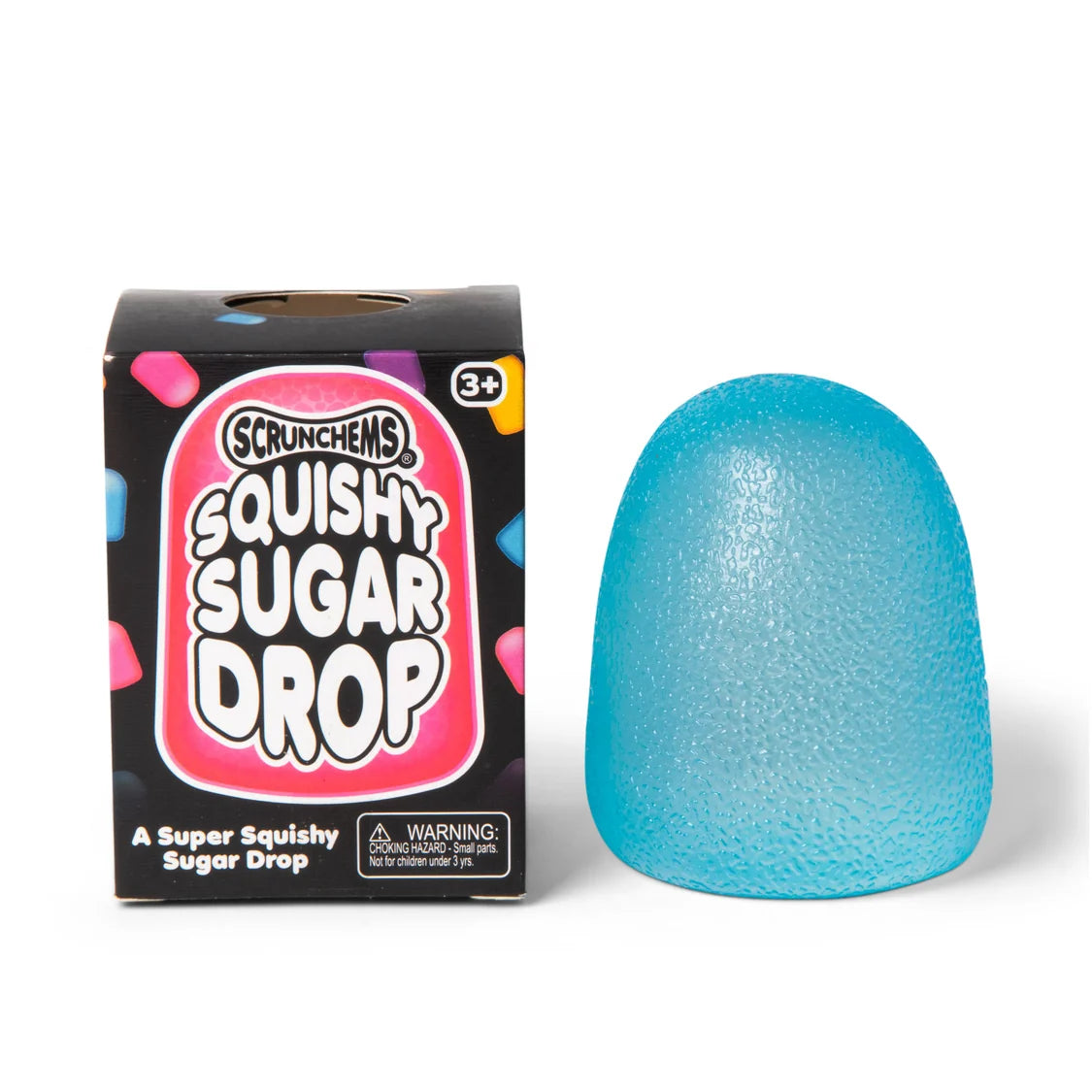 Blue squishy toy next to its packaging on a white background