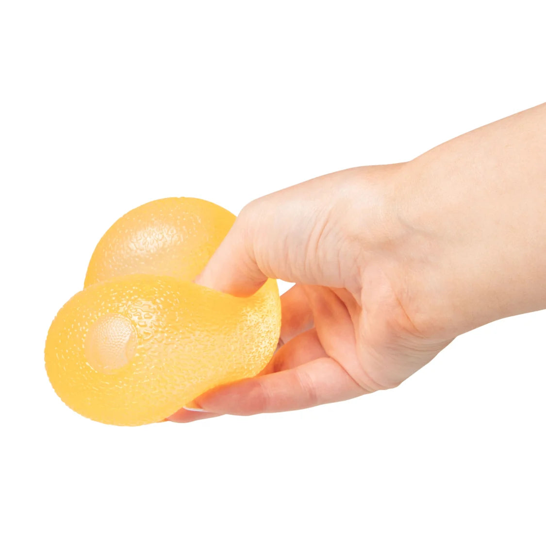 Hand holding a yellow Scrunchems Squishy Sugar Drop against a white background