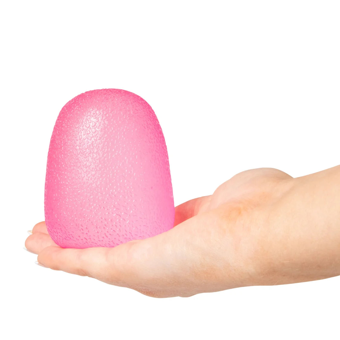 Pink Scrunchems Squishy Sugar Drop held in a hand against a white background