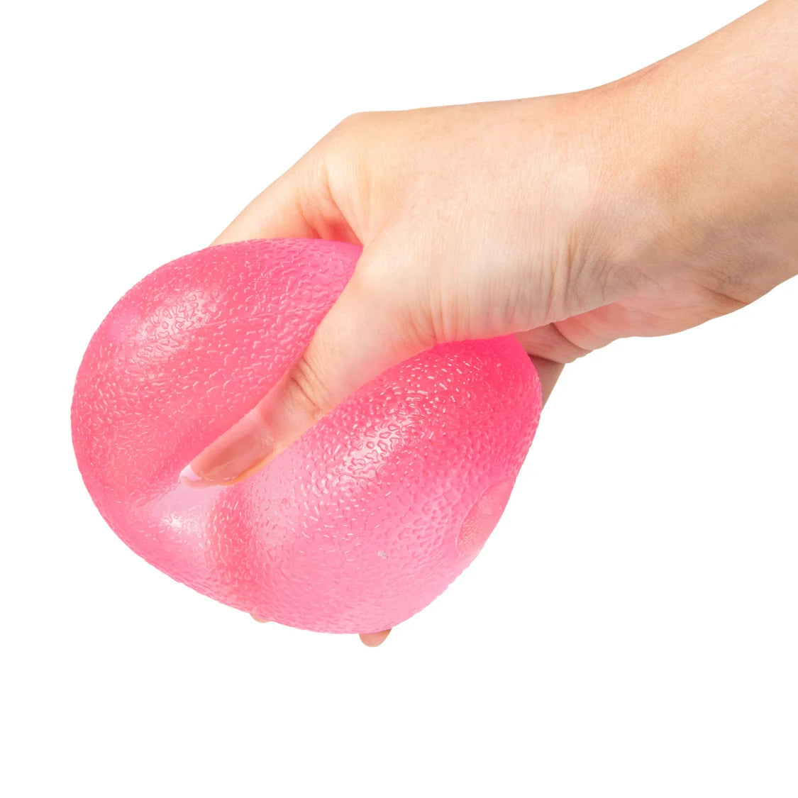 Hand holding a pink Scrunchems Squishy Sugar Drop against a white background