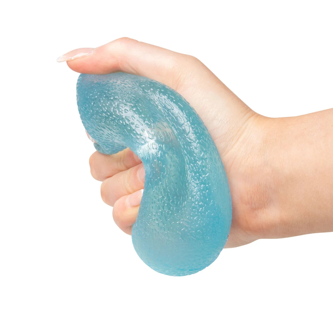 Hand holding a blue Scrunchems Squishy Sugar Drop against a white background