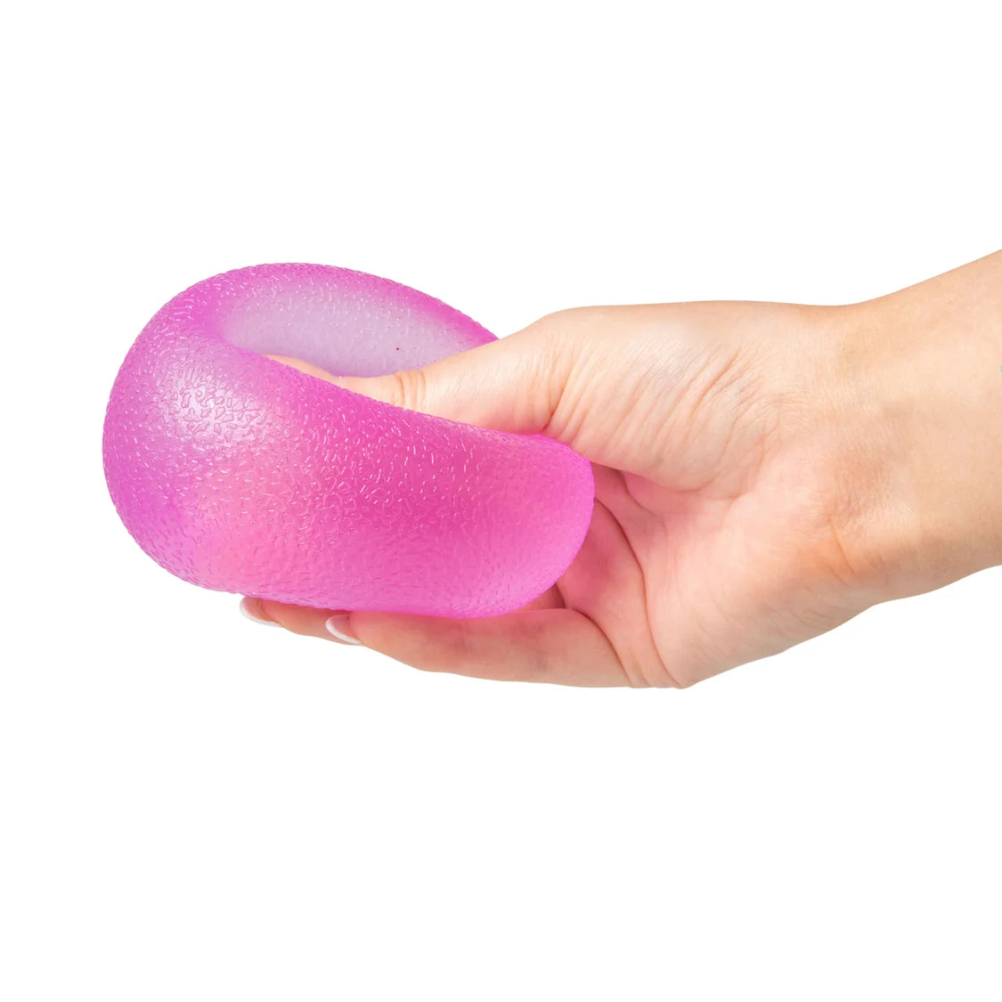 Hand holding a pink Scrunchems Squishy Sugar Drop against a white background