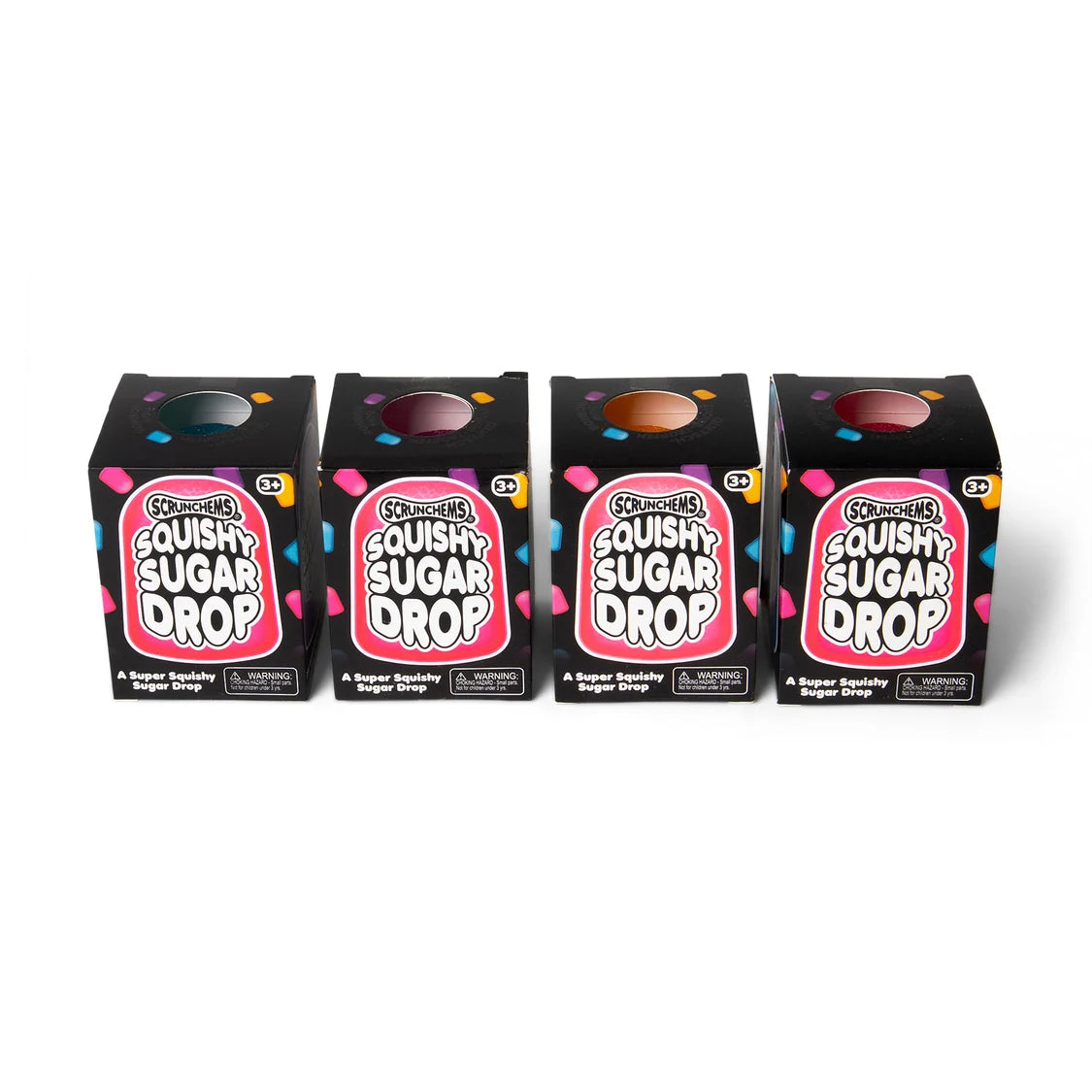 Four boxes of Squishy Sugar Drop on a white background