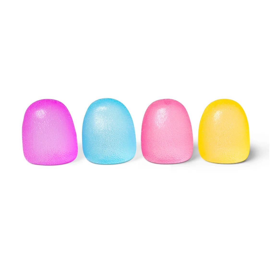 Four colourful Scrunchems Squishy Sugar Drop in purple, blue, pink, and yellow on a white background
