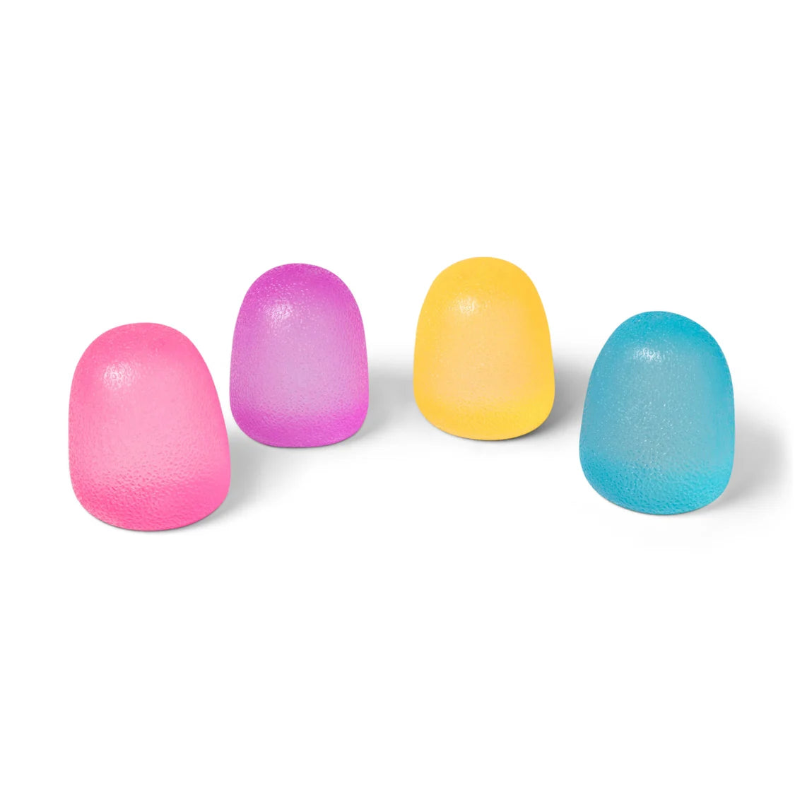 Four colourful Scrunchems Squishy Sugar Drops on a white background