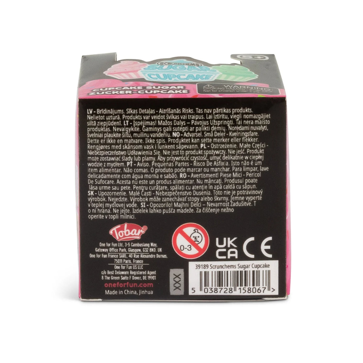 Back of a packaging box Scrunchems Sugar Cupcake  with text and logos on a white background