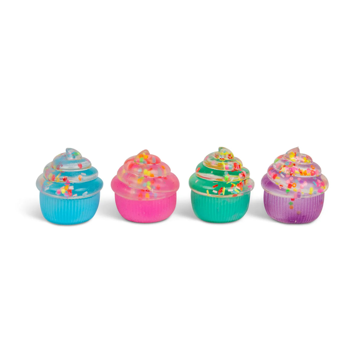 Four colourful cupcake-shaped Scrunchems Sugar Cupcake with sprinkles on a white background