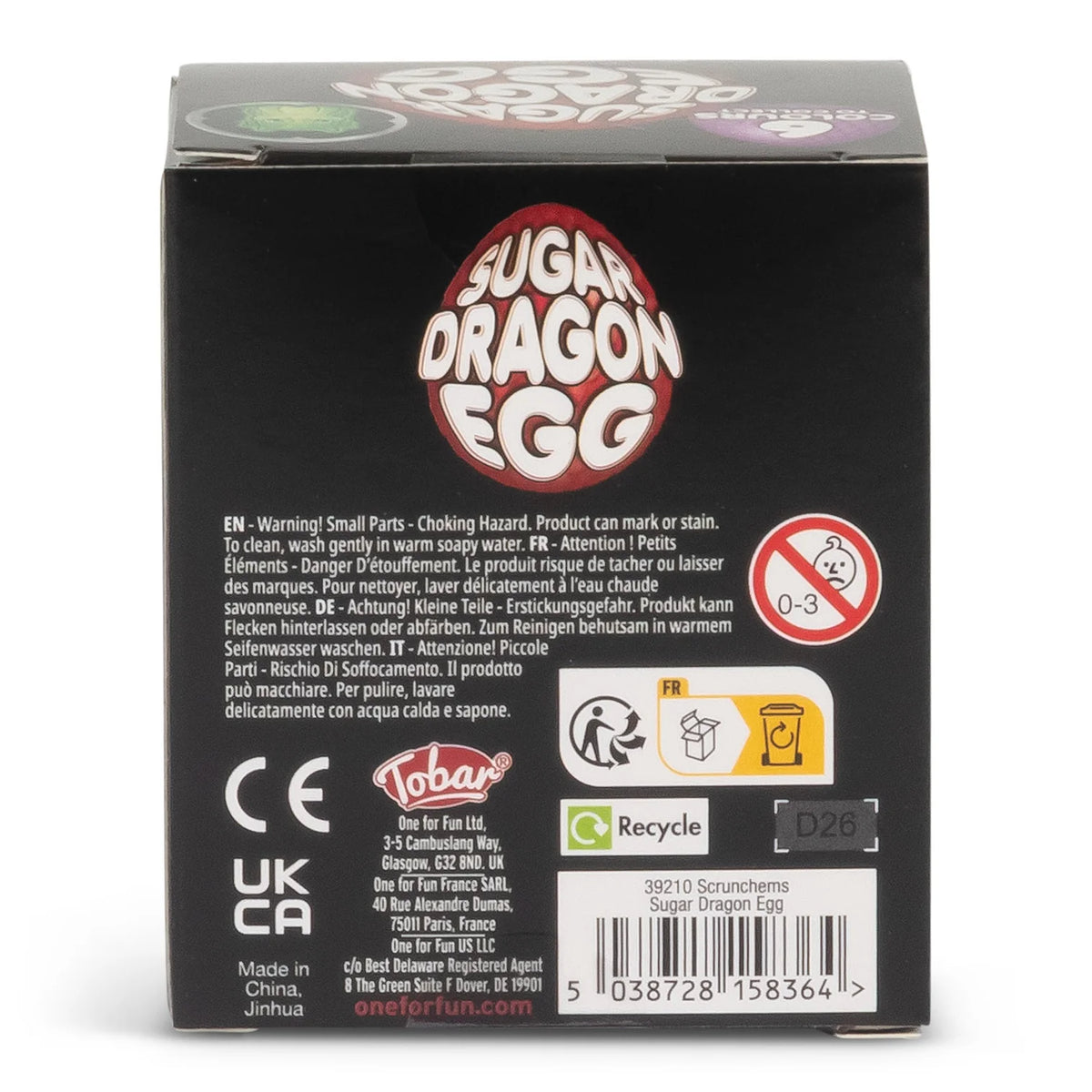 The back of the packaging box for a Toboo Sugar Dragon Egg, showing product details, warnings, and recycling icons on a black background.