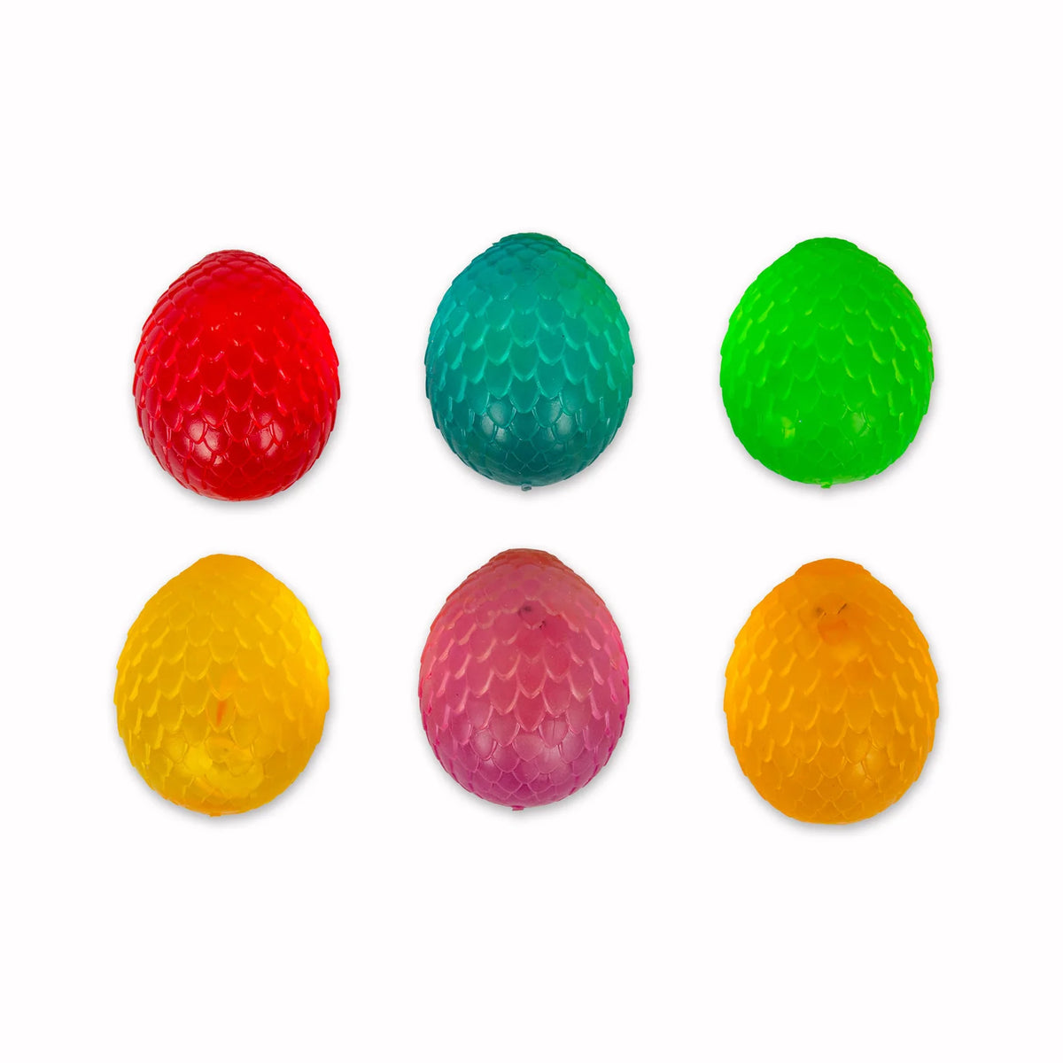 Six textured Scrunchems Sugar Dragon Egg in red, teal, green, yellow, pink, and orange, arranged in two rows of three on a plain white background.