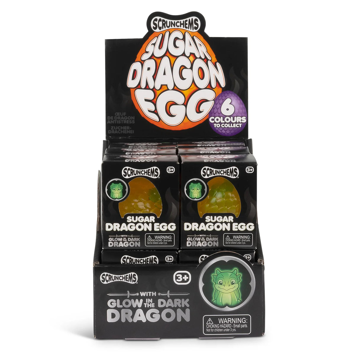 Scrunchems Sugar Dragon Egg blind box display box containing two individual egg packs, with a black and orange header card showing '6 colours to collect' and 'Glow in the Dark Dragon' text.