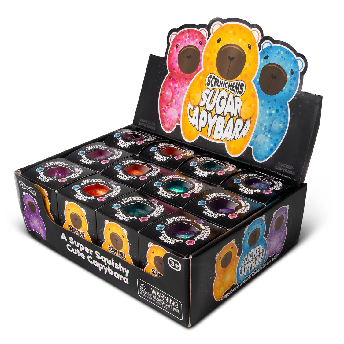 Display box of Scrunchems Sugar Capybara toys with colorful capybaras on the packaging.