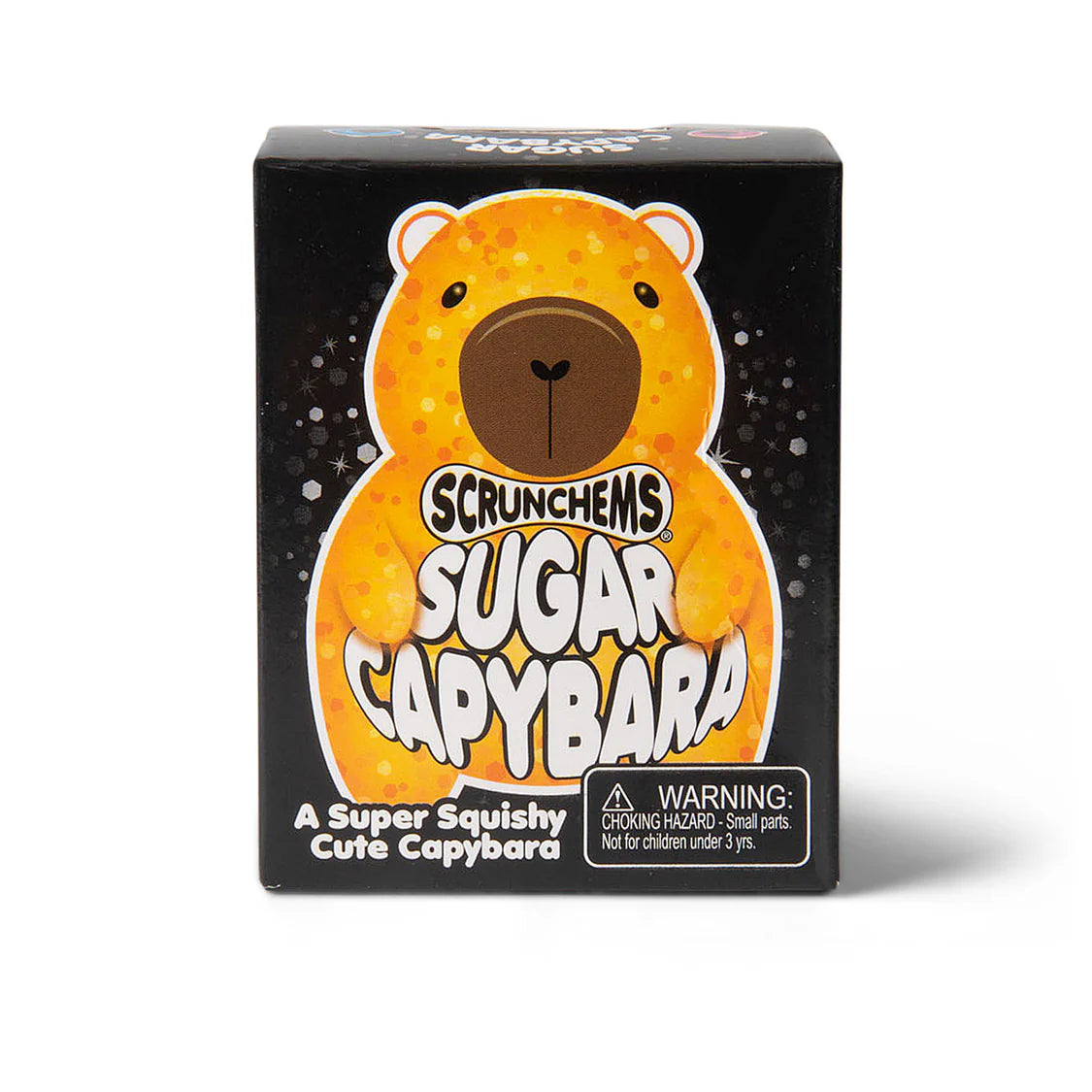 Scrunchems Sugar Capybara packaging with a bear-like character on a black background