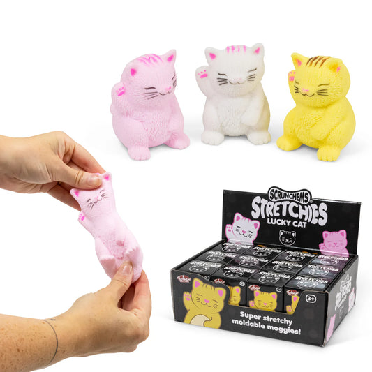 Cat-shaped stress balls with a hand stretching one, displayed with packaging on a white background