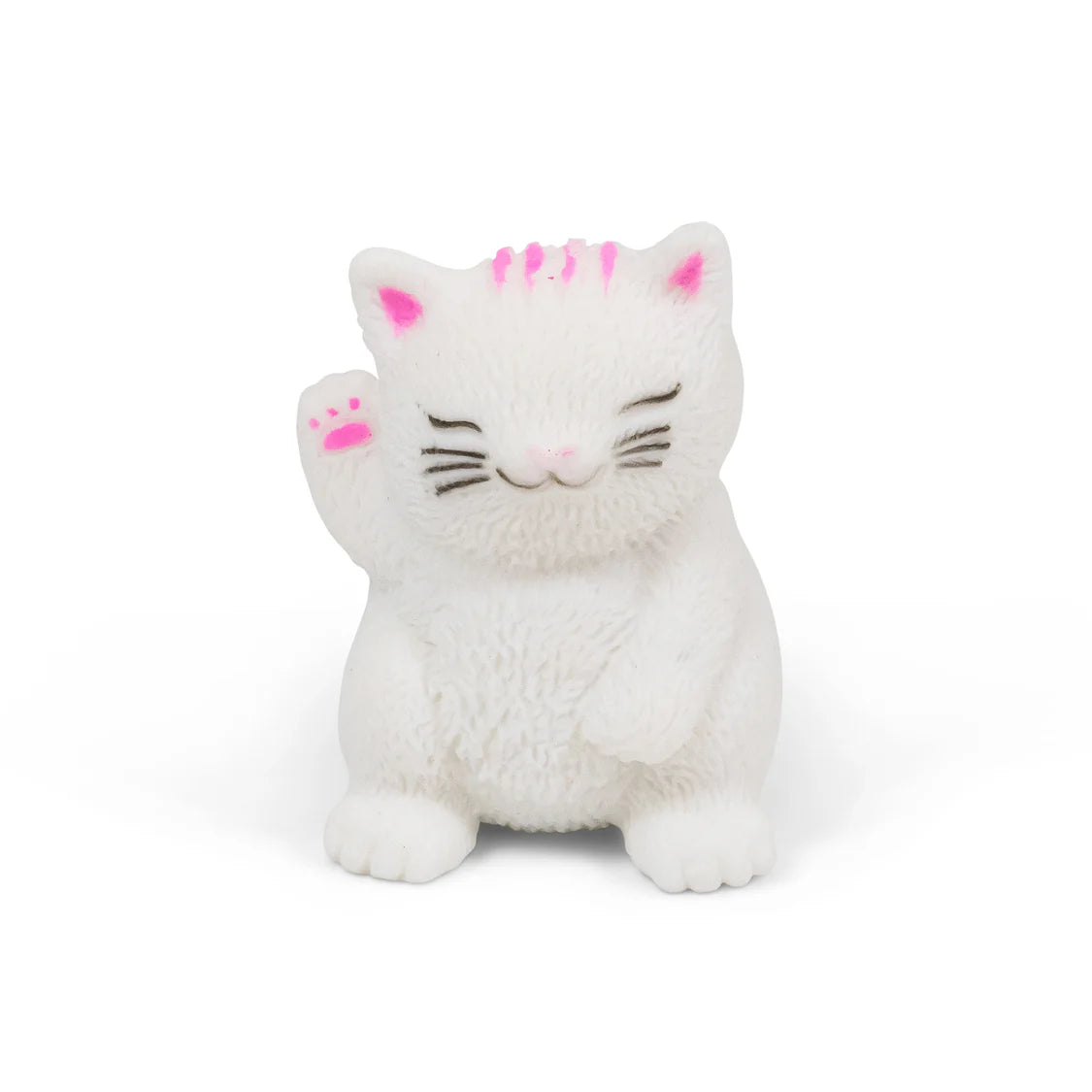 A white cat figurine with pink accents on its ears, paws, and forehead, depicted in a sitting position with one paw raised in a waving gesture. The figurine has black whiskers and closed eyes, set against a plain white background.