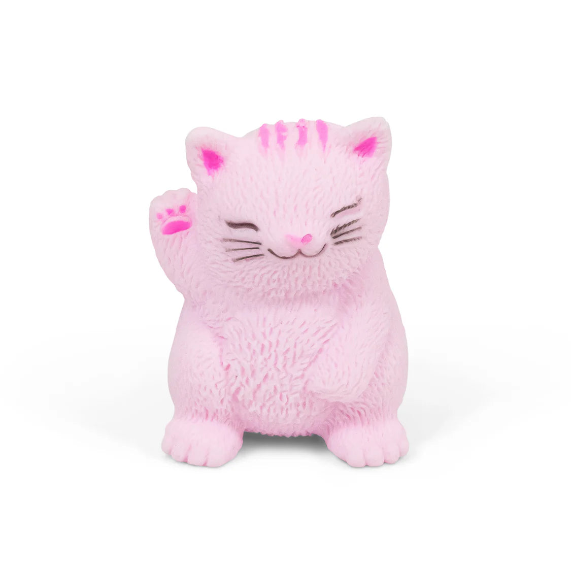 A pink plush cat figurine with one paw raised in a waving gesture, set against a plain white background.