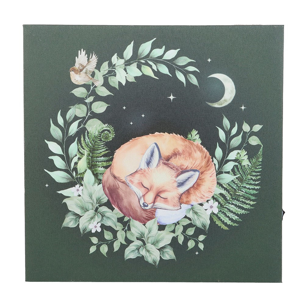 Illustration of a fox surrounded by leaves and flowers on a dark green background