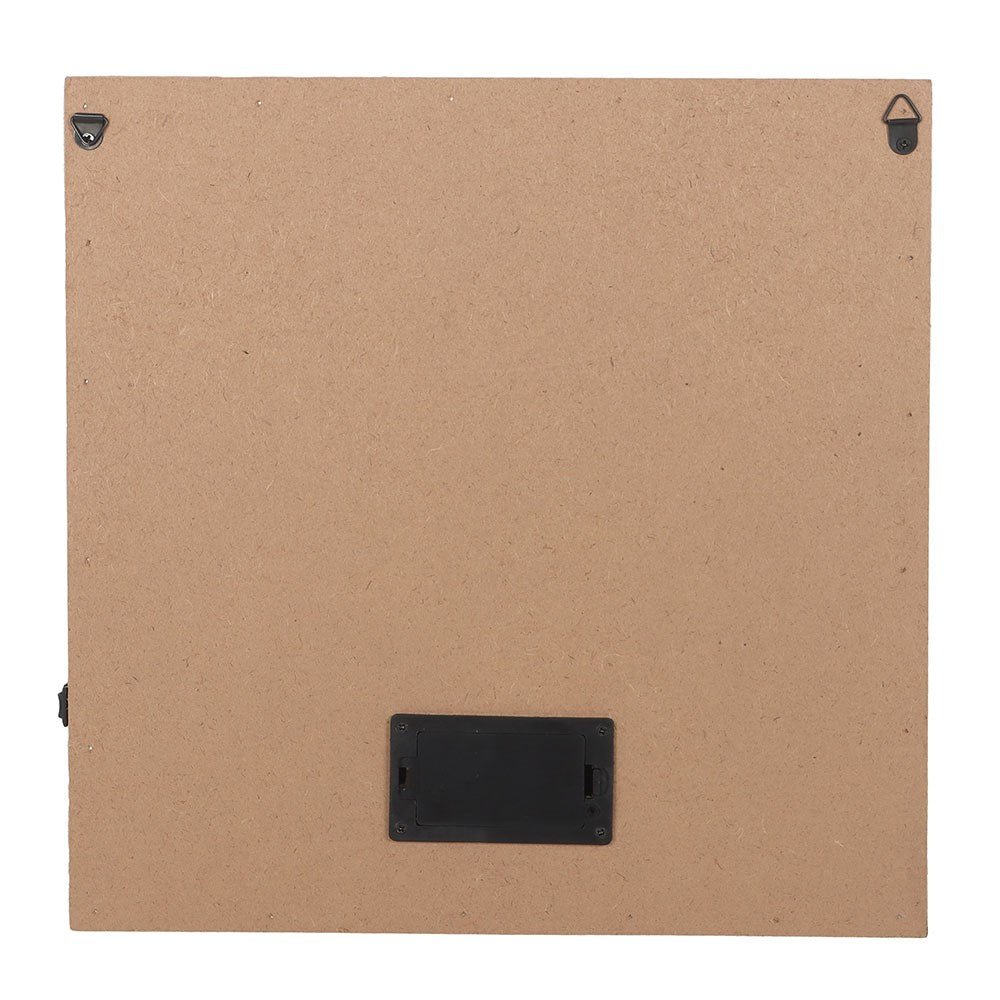 The back of a square picture frame made of brown kraft cardboard, featuring a black plastic battery compartment at the bottom and two metal hanging loops in the top corners.
